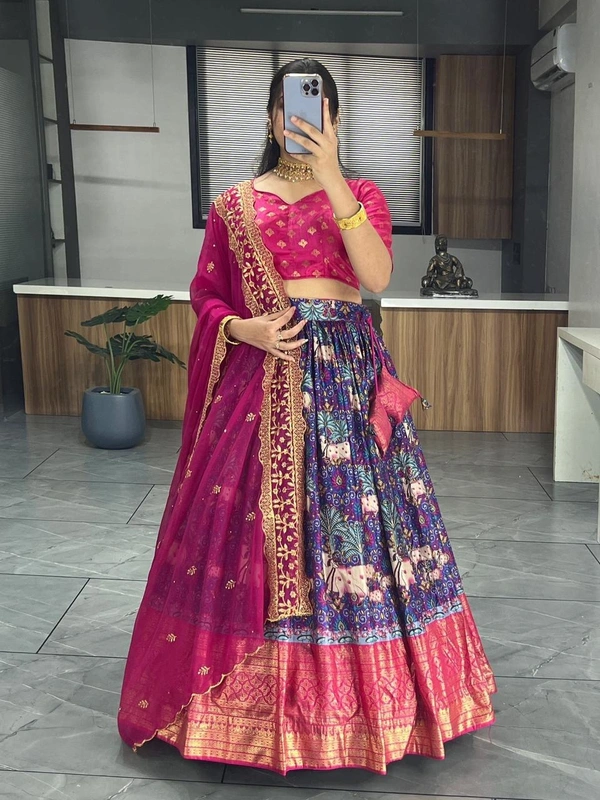 FWGI KALAMKARI SILK LEHENGA WITH FOIL WORK BORDER - Navy Blue