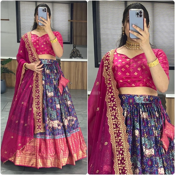 FWGI KALAMKARI SILK LEHENGA WITH FOIL WORK BORDER - Navy Blue