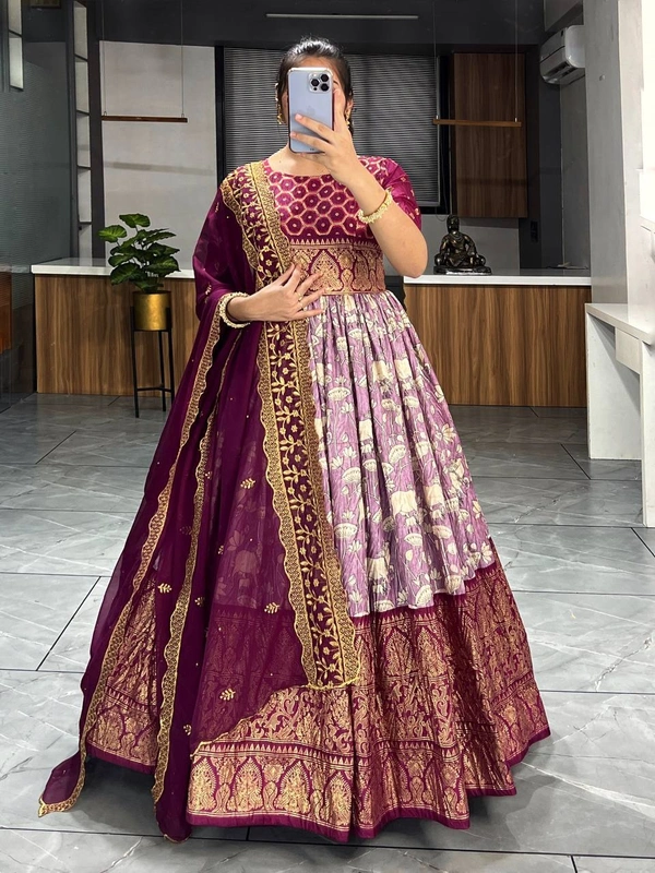 FWGI SOFT CROSH KALAMKARI FOIL WORK GOWN WITH DUPATTA - 40, Lilac
