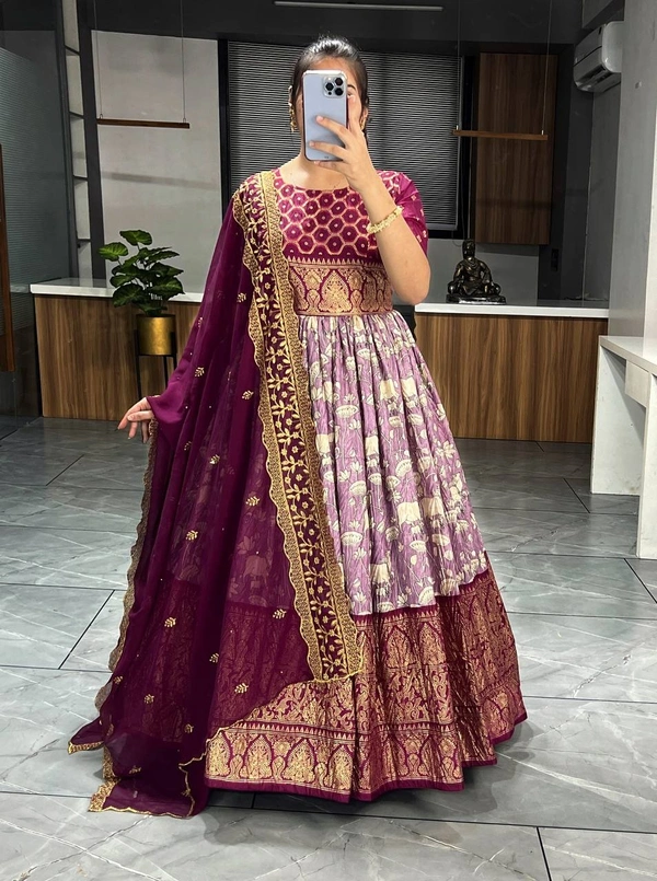 FWGI SOFT CROSH KALAMKARI FOIL WORK GOWN WITH DUPATTA - 40, Lilac