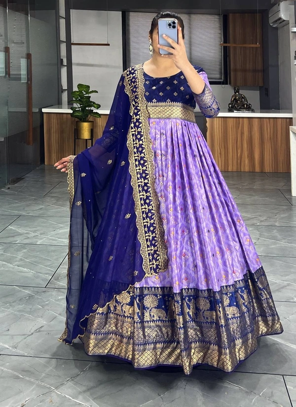 FWGI LATEST KALAMKARI SILK GOWN WITH FOIL WORK - 40, Lilac Bush