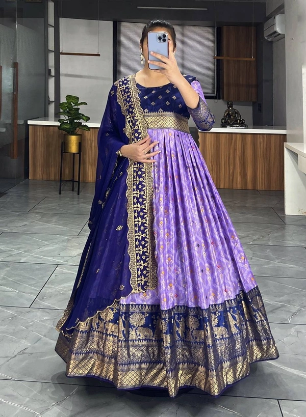 FWGI LATEST KALAMKARI SILK GOWN WITH FOIL WORK - 40, Lilac Bush