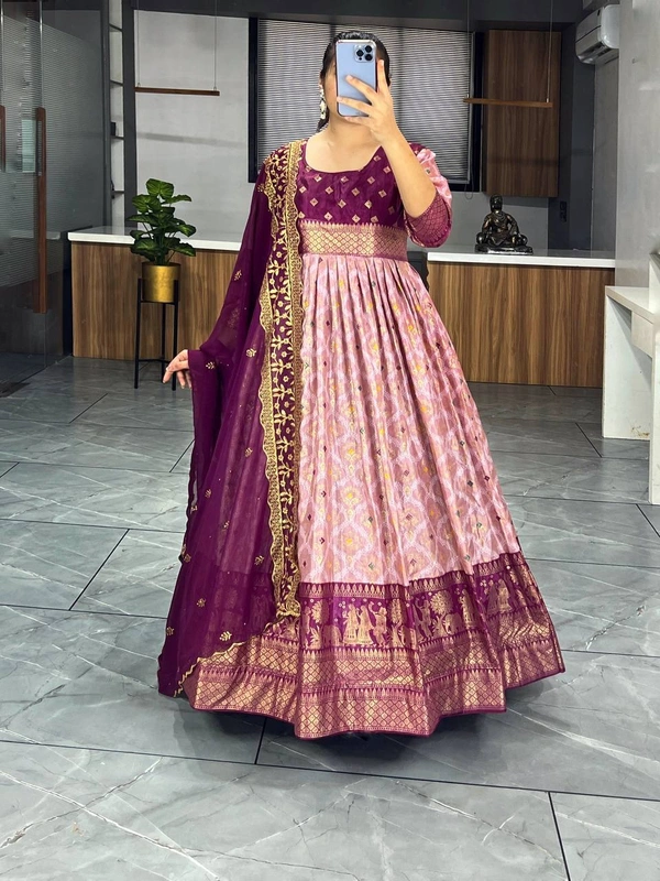 FWGI LATEST KALAMKARI SILK GOWN WITH FOIL WORK - 40, Wine