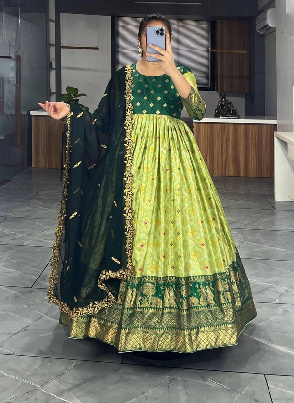 FWGI LATEST KALAMKARI SILK GOWN WITH FOIL WORK - 40, Forest Green
