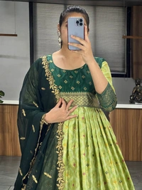 FWGI LATEST KALAMKARI SILK GOWN WITH FOIL WORK - 40, Forest Green