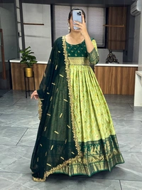 FWGI LATEST KALAMKARI SILK GOWN WITH FOIL WORK - 40, Forest Green