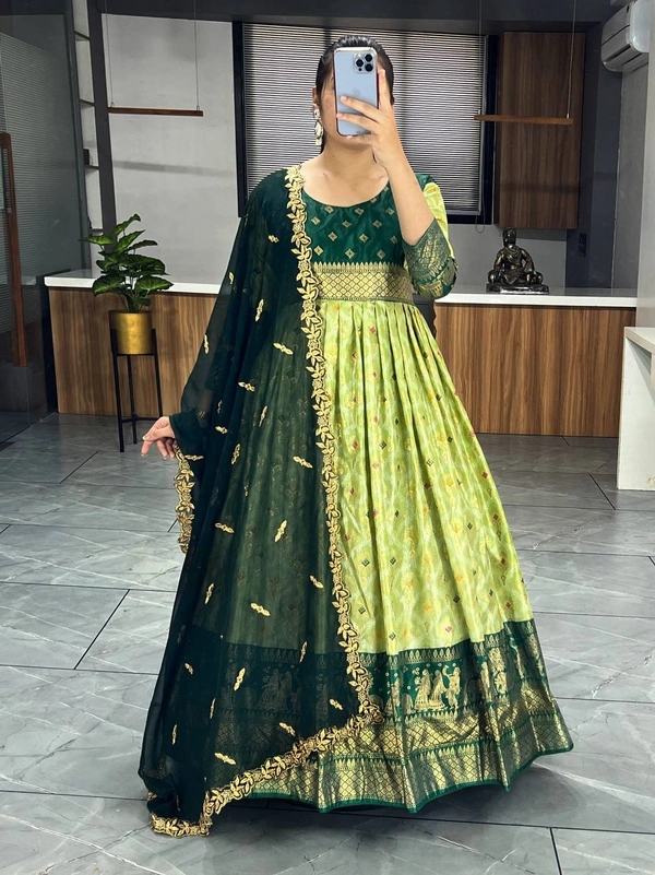 FWGI LATEST KALAMKARI SILK GOWN WITH FOIL WORK - 40, Forest Green