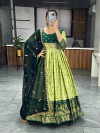 FWGI LATEST KALAMKARI SILK GOWN WITH FOIL WORK - 40, Forest Green
