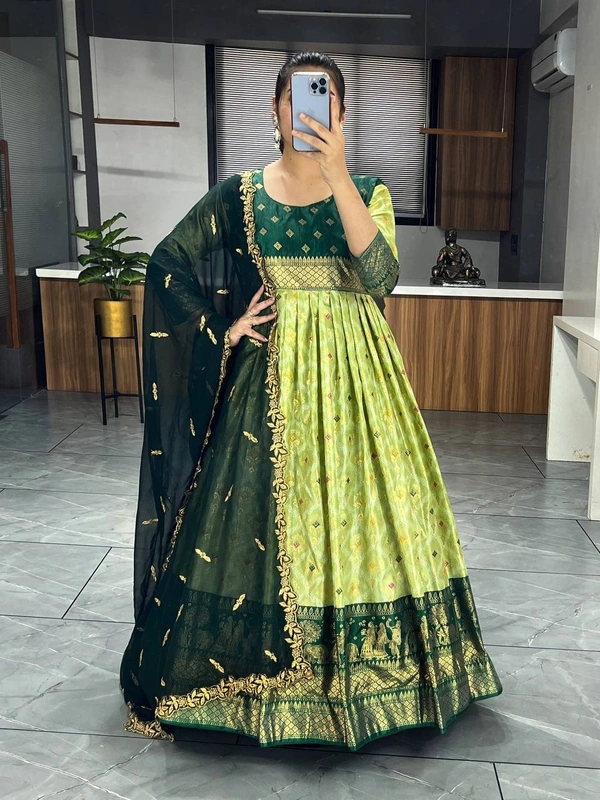 FWGI LATEST KALAMKARI SILK GOWN WITH FOIL WORK - 40, Forest Green