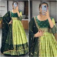 FWGI LATEST KALAMKARI SILK GOWN WITH FOIL WORK - 40, Forest Green