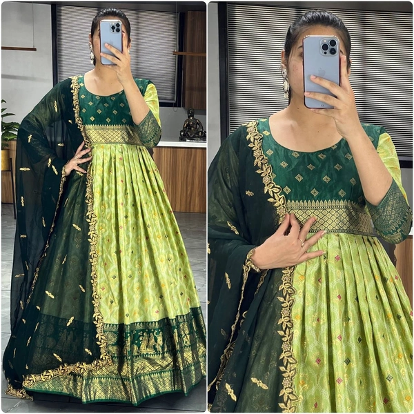 FWGI LATEST KALAMKARI SILK GOWN WITH FOIL WORK - 40, Forest Green