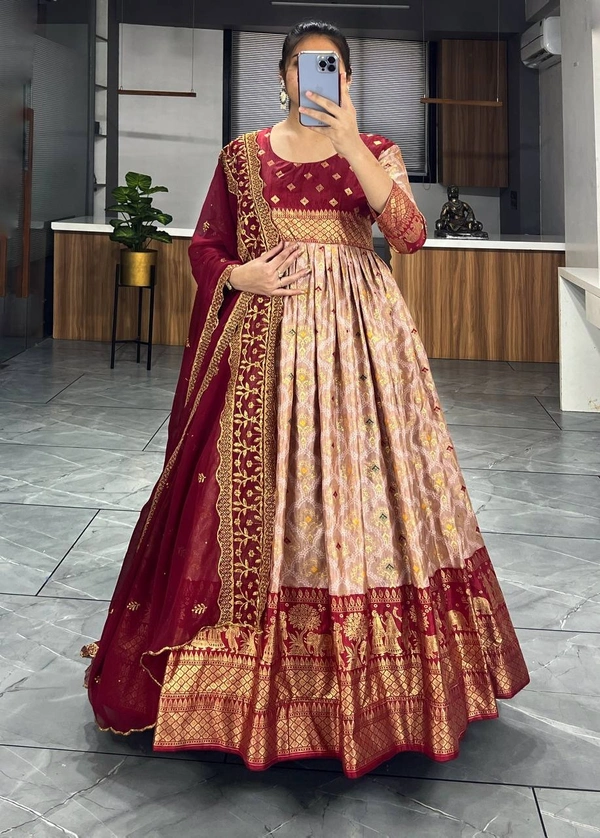 FWGI LATEST KALAMKARI SILK GOWN WITH FOIL WORK - 40, Coffee
