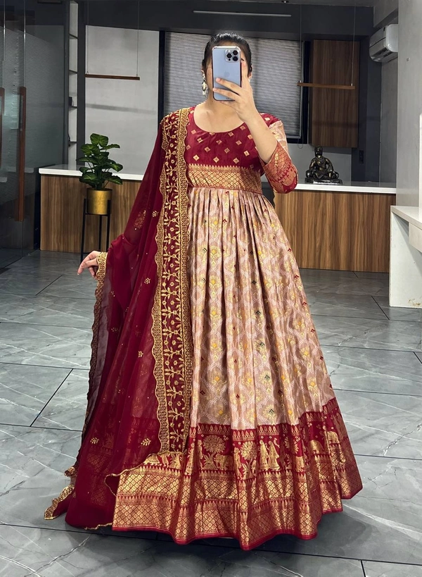 FWGI LATEST KALAMKARI SILK GOWN WITH FOIL WORK - 40, Coffee