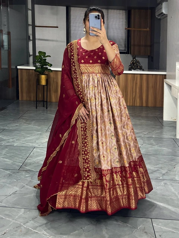 FWGI LATEST KALAMKARI SILK GOWN WITH FOIL WORK - 40, Coffee