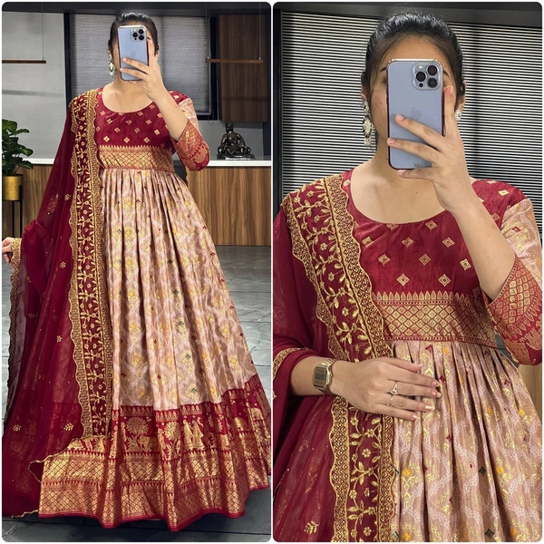 FWGI LATEST KALAMKARI SILK GOWN WITH FOIL WORK - 40, Coffee