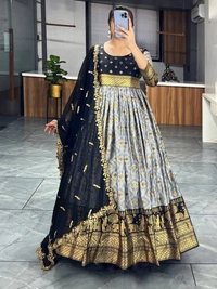 FWGI LATEST KALAMKARI SILK GOWN WITH FOIL WORK - 40, Black
