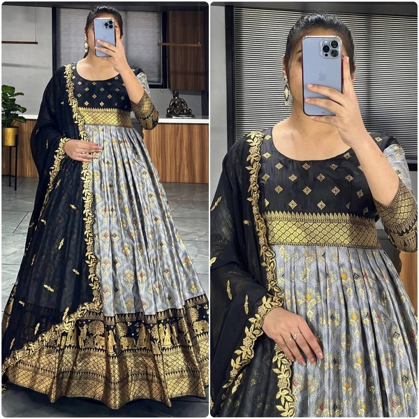 FWGI LATEST KALAMKARI SILK GOWN WITH FOIL WORK - 40, Black