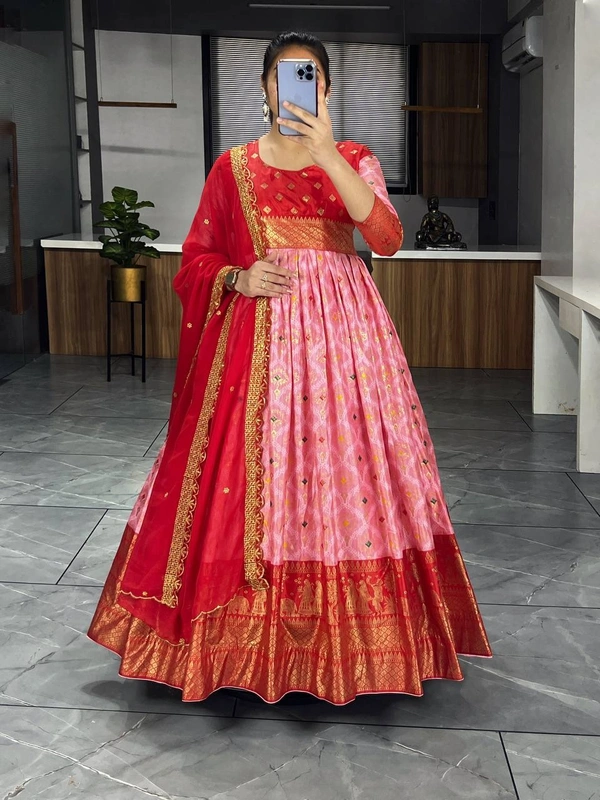 FWGI LATEST KALAMKARI SILK GOWN WITH FOIL WORK - 40, Red