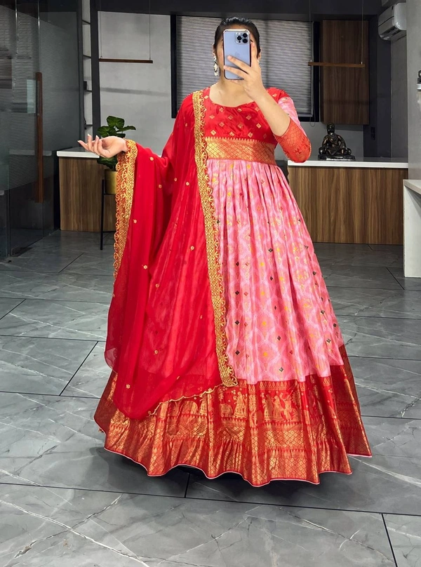 FWGI LATEST KALAMKARI SILK GOWN WITH FOIL WORK - 40, Red