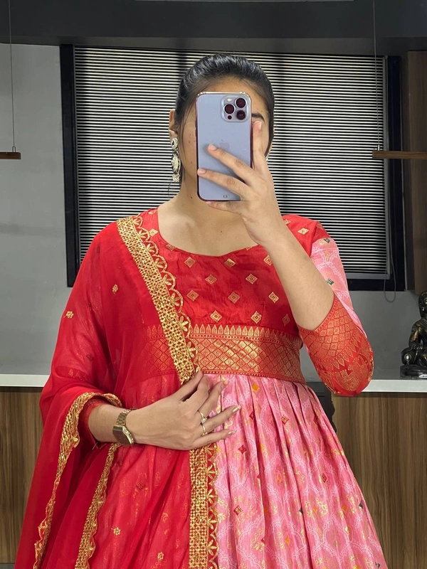 FWGI LATEST KALAMKARI SILK GOWN WITH FOIL WORK - 40, Red