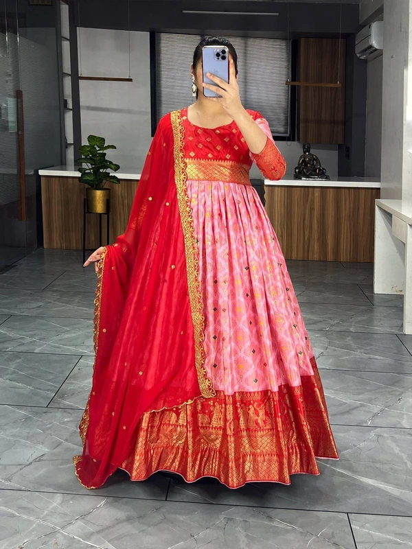 FWGI LATEST KALAMKARI SILK GOWN WITH FOIL WORK - 40, Red