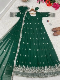 FWMBL SEQUINS THREAD EMBROIDERY ANARKALI LONG KURTI WITH DUPATTA - XL - 42, Green