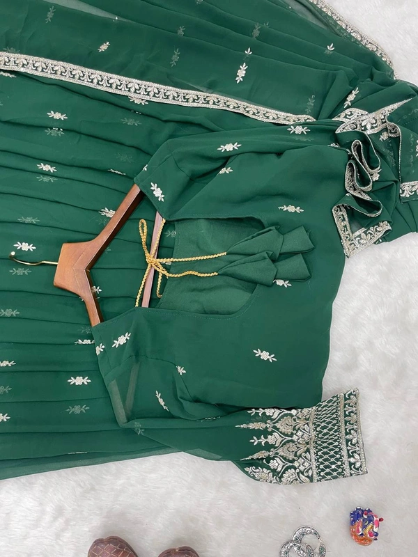 FWMBL SEQUINS THREAD EMBROIDERY ANARKALI LONG KURTI WITH DUPATTA - XL - 42, Green