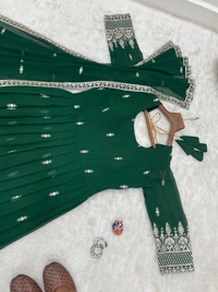 FWMBL SEQUINS THREAD EMBROIDERY ANARKALI LONG KURTI WITH DUPATTA - XL - 42, Green