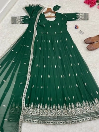 FWMBL SEQUINS THREAD EMBROIDERY ANARKALI LONG KURTI WITH DUPATTA - XL - 42, Green