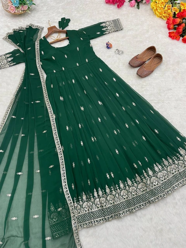 FWMBL SEQUINS THREAD EMBROIDERY ANARKALI LONG KURTI WITH DUPATTA - XL - 42, Green