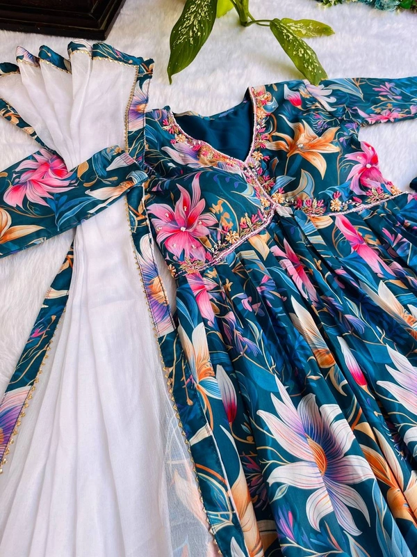 FWMBL SUMMER SPECIAL PARTY WEAR ALIYA CUT DRESS DUPATTA PANT SET - XL-42, Blue
