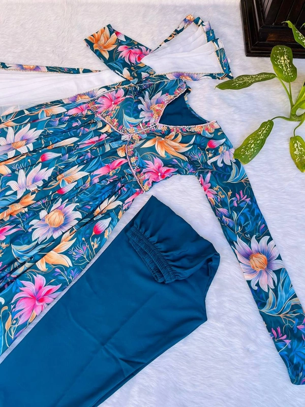 FWMBL SUMMER SPECIAL PARTY WEAR ALIYA CUT DRESS DUPATTA PANT SET - XL-42, Blue
