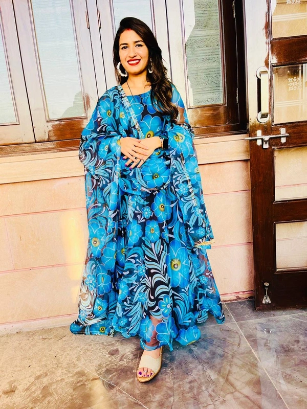 FWMBL FLOWERY PRINTORGENZA TABBY SILK GOWN WITH DUPATTA - M-38, Blue