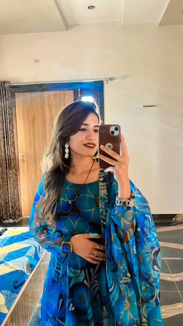 FWMBL FLOWERY PRINTORGENZA TABBY SILK GOWN WITH DUPATTA - M-38, Blue