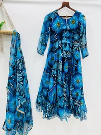 FWMBL FLOWERY PRINTORGENZA TABBY SILK GOWN WITH DUPATTA - M-38, Blue