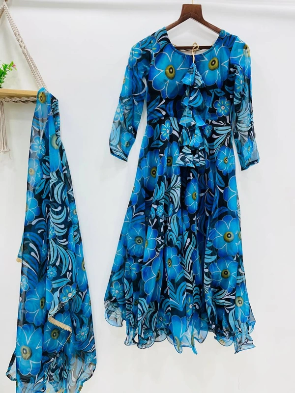 FWMBL FLOWERY PRINTORGENZA TABBY SILK GOWN WITH DUPATTA - M-38, Blue