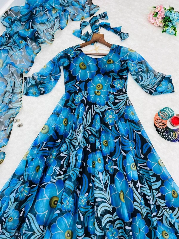 FWMBL FLOWERY PRINTORGENZA TABBY SILK GOWN WITH DUPATTA - M-38, Blue