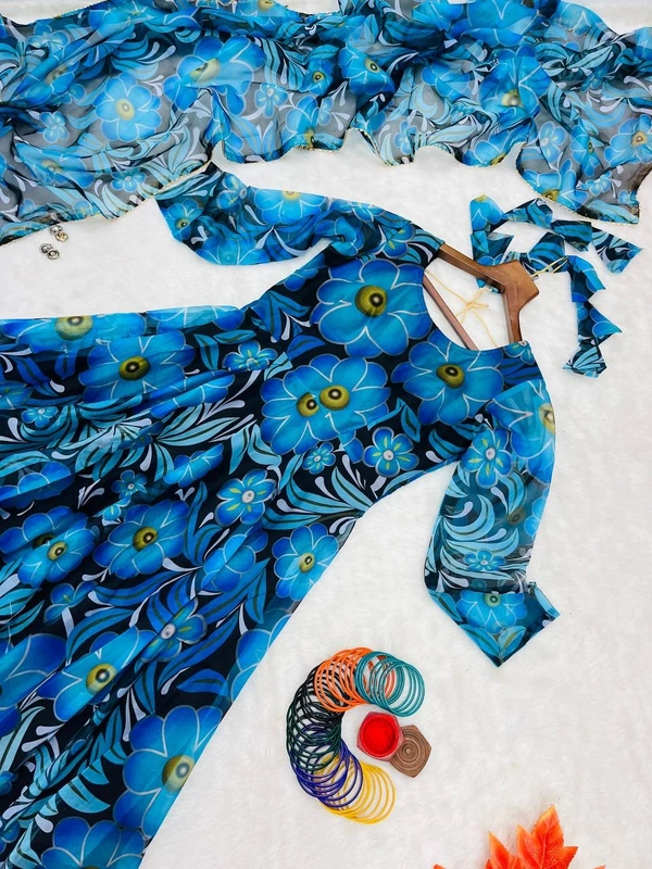 FWMBL FLOWERY PRINTORGENZA TABBY SILK GOWN WITH DUPATTA - M-38, Blue