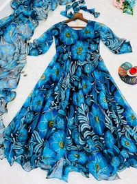 FWMBL FLOWERY PRINTORGENZA TABBY SILK GOWN WITH DUPATTA - M-38, Blue