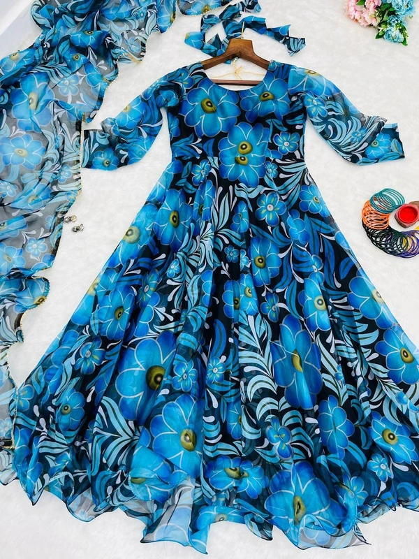 FWMBL FLOWERY PRINTORGENZA TABBY SILK GOWN WITH DUPATTA - M-38, Blue