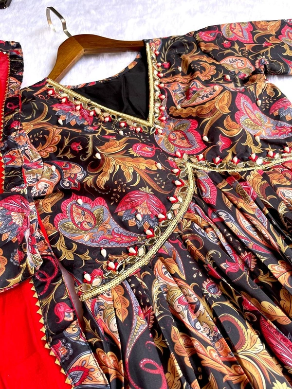 FWMBL SUMMER SPECIAL PRINTED ALIYA CUT DRESS WITH BOTTOM AND DUPATTA - M-38, Black