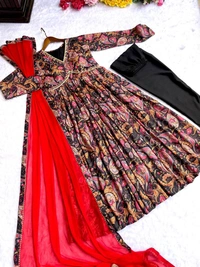 FWMBL SUMMER SPECIAL PRINTED ALIYA CUT DRESS WITH BOTTOM AND DUPATTA - M-38, Black