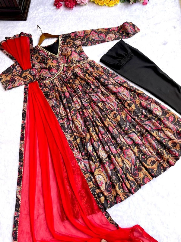 FWMBL SUMMER SPECIAL PRINTED ALIYA CUT DRESS WITH BOTTOM AND DUPATTA - M-38, Black