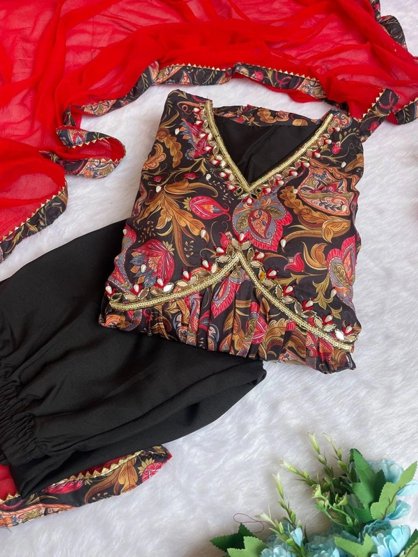 FWMBL SUMMER SPECIAL PRINTED ALIYA CUT DRESS WITH BOTTOM AND DUPATTA - M-38, Black