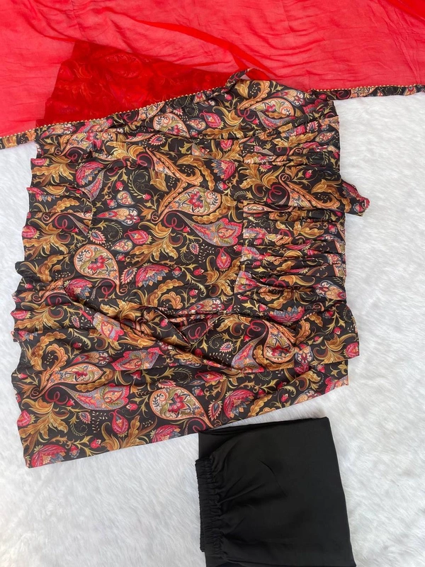 FWMBL SUMMER SPECIAL PRINTED ALIYA CUT DRESS WITH BOTTOM AND DUPATTA - M-38, Black