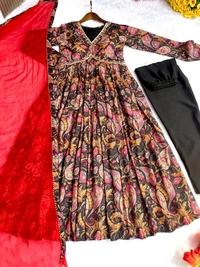 FWMBL SUMMER SPECIAL PRINTED ALIYA CUT DRESS WITH BOTTOM AND DUPATTA - M-38, Black