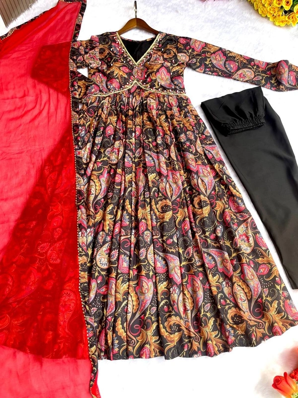 FWMBL SUMMER SPECIAL PRINTED ALIYA CUT DRESS WITH BOTTOM AND DUPATTA - M-38, Black