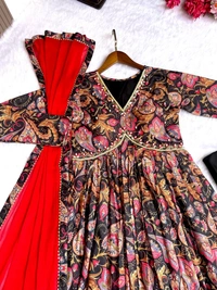 FWMBL SUMMER SPECIAL PRINTED ALIYA CUT DRESS WITH BOTTOM AND DUPATTA - M-38, Black