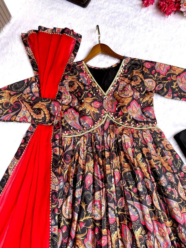 FWMBL SUMMER SPECIAL PRINTED ALIYA CUT DRESS WITH BOTTOM AND DUPATTA - M-38, Black