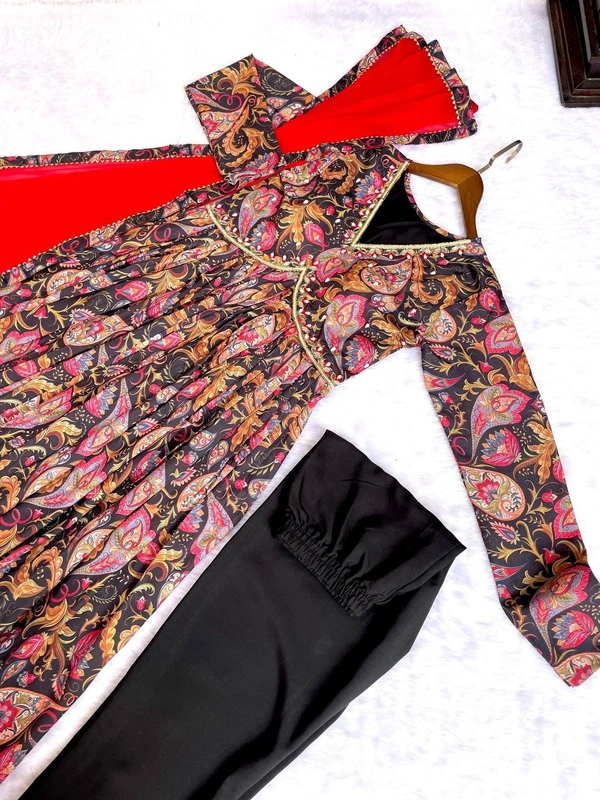 FWMBL SUMMER SPECIAL PRINTED ALIYA CUT DRESS WITH BOTTOM AND DUPATTA - M-38, Black
